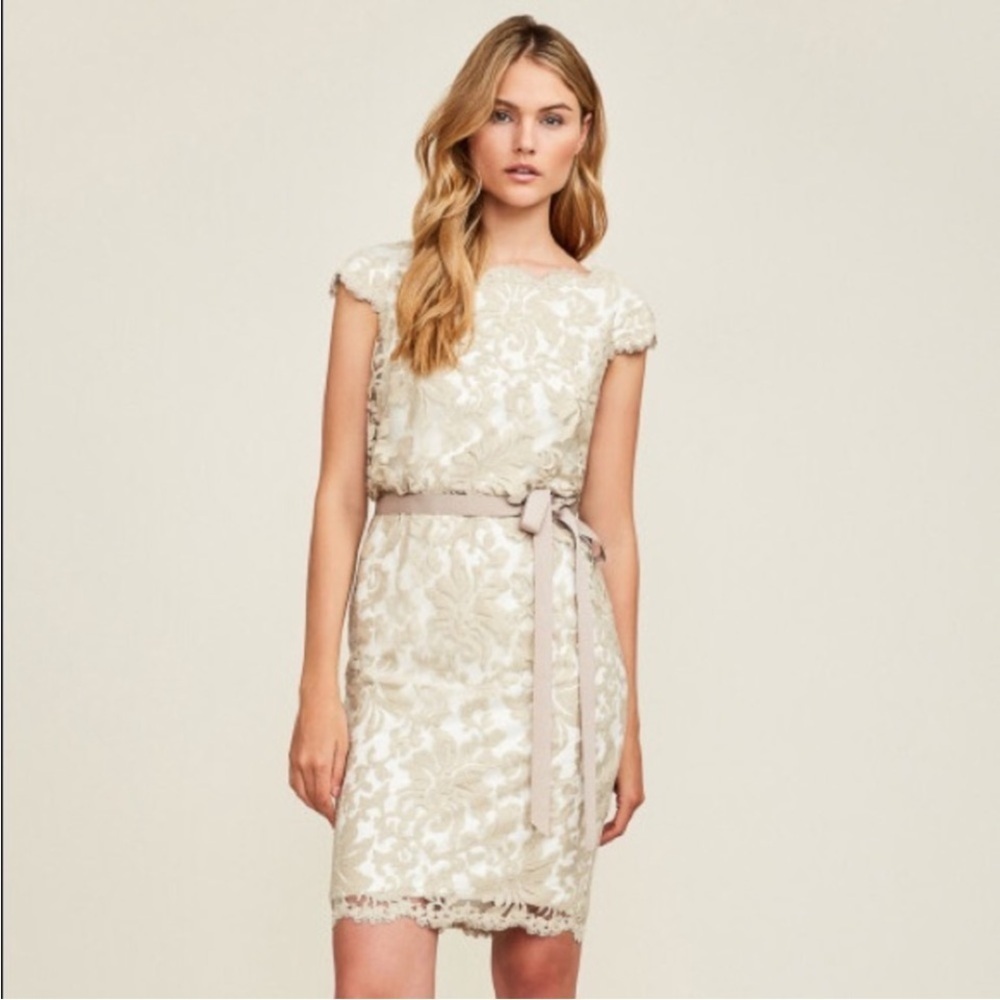 Todashi Shoji Taupe Sheath Dress with Cap Sleeves, Embroidered Lace with Ribbon